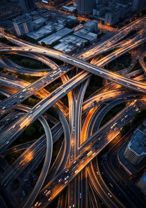Aerial photo of an intricate highway intersection, symbolizing workflows and coordination